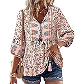 Vivilli Womens Summer Boho Babydoll Tops 3/4 Sleeve Pleated Peplum Blouses Casual V Neck Tie Front 2026 Tunic Tops