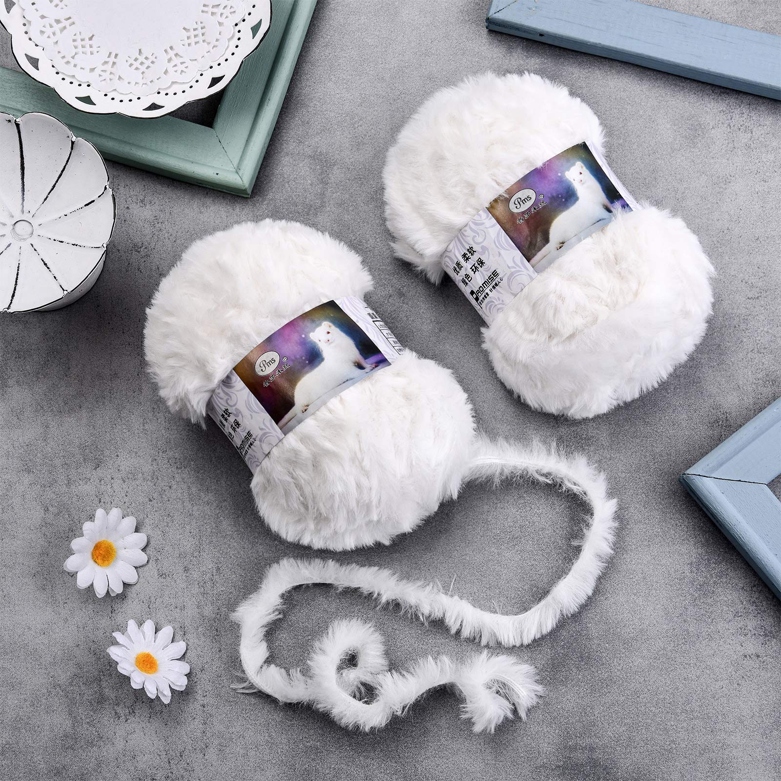 2 Pieces Soft Fur Yarn - Fuzzy, Fluffy Faux Fur Eyelash Yarn, Cream for Crochet, Knitting Projects - 30m/50g Each(White)
