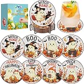 8 PCS Halloween Diamond Art Coasters Kit with Holder & Gift Box 4x4 inch | Ghost Diamond Painting Coasters Kit for Adults Beginner with Cork Pads, DIY Coaster Gem Art Crafts Supplies for Home Decors