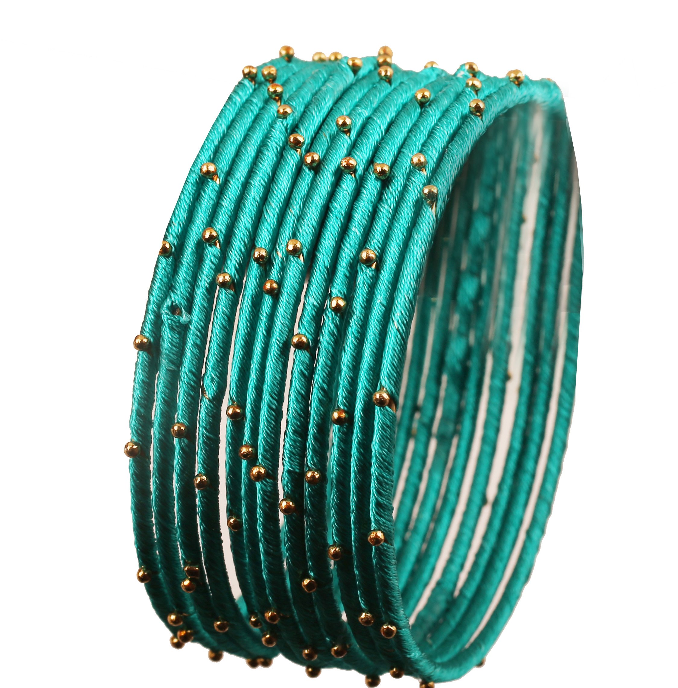 Touchstone "Silk Thread Bangle Collection Indian Bollywood Handcrafted Faux Silk Thread Exotic Look with Golden Beads Aqua Blue Designer Bangle Bracelets Set of 12 for Women. — image 1