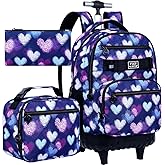 TXHVO 3Pcs Rolling Backpack for Girls Women, Love Kids Roller Bookbag with Wheels, Wheeled Backpacks Set for Elementary Toddler(Purple)