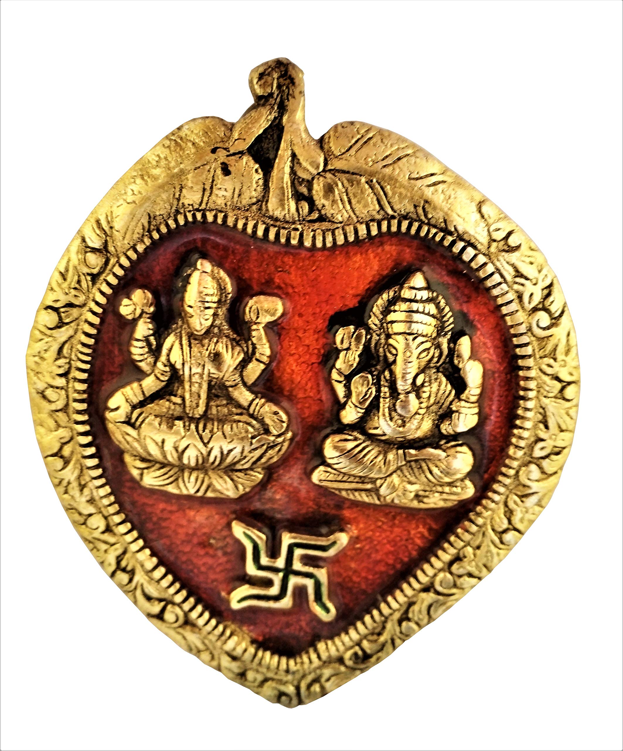 Purpledip Metal Wall Hanging Ganesha-Lakshmi: Auspicious Hindu Symbols on Betel Leaf (11542)