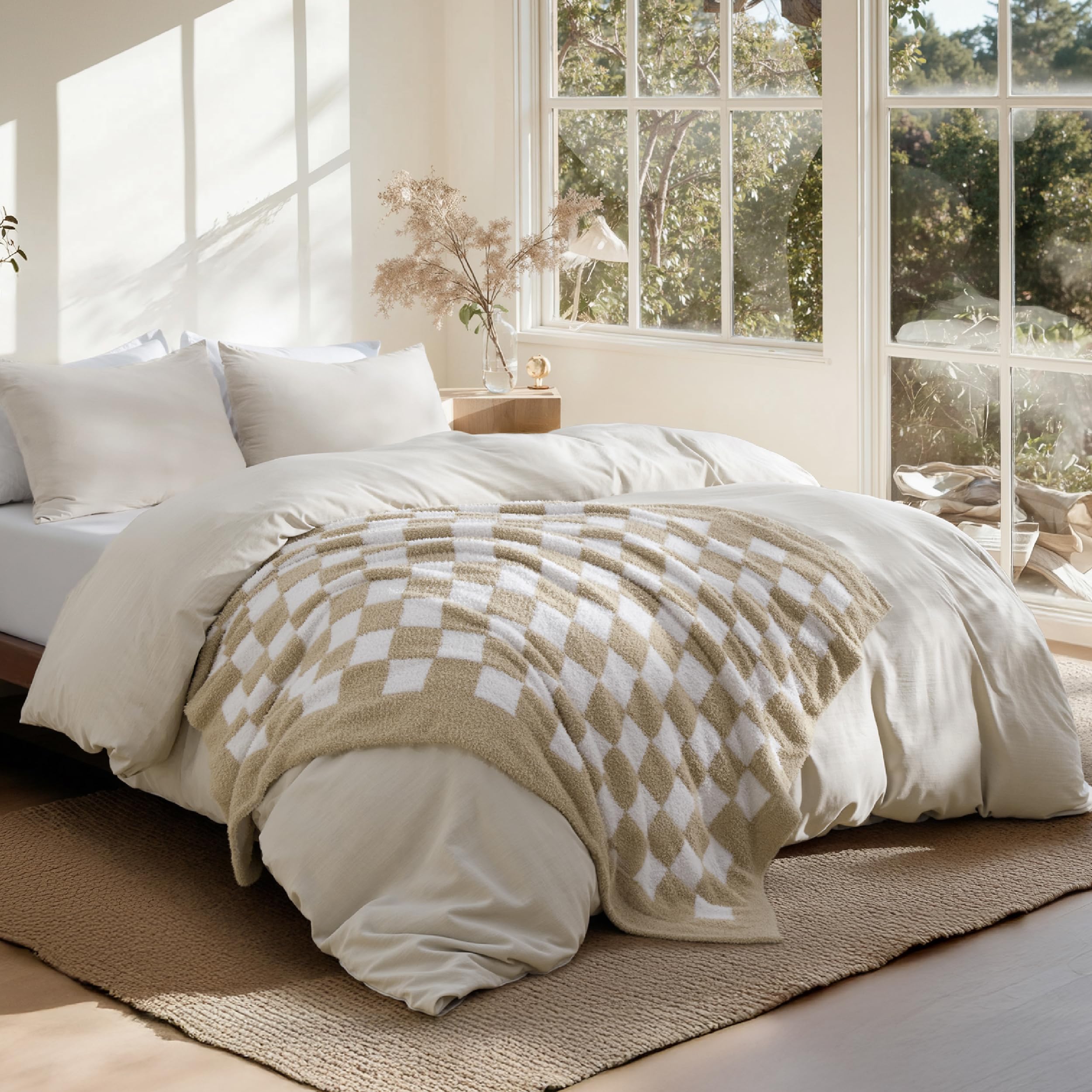 Photo 1 of Bedsure King Comforter Set with Checkered Throw Blanket for Couch - 4 Pieces, 1 Beige Comforter King Size, 2 Pillow Shams, 1 Checkered Blanket, Super Soft, Lightweight & Fluffy for Bed & Sofa