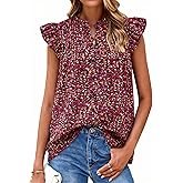 PRETTYGARDEN Women Button Down Boho Shirts Floral Ruffle Cap Sleeve Mock Neck Flowy Casual Summer Blouses Tops