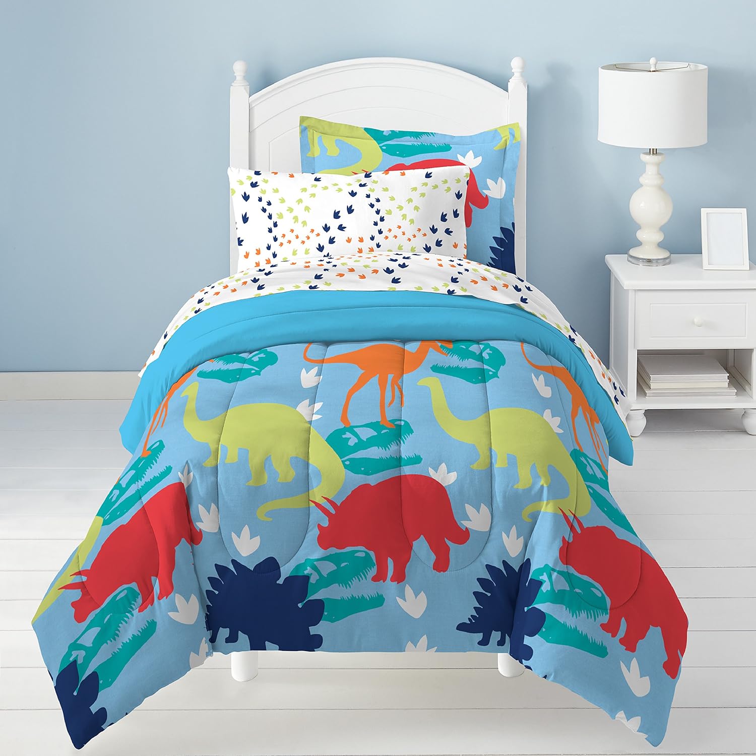 5 Piece Kids Blue Dinosaur Comforter Twin Set Orange Dino Bedding