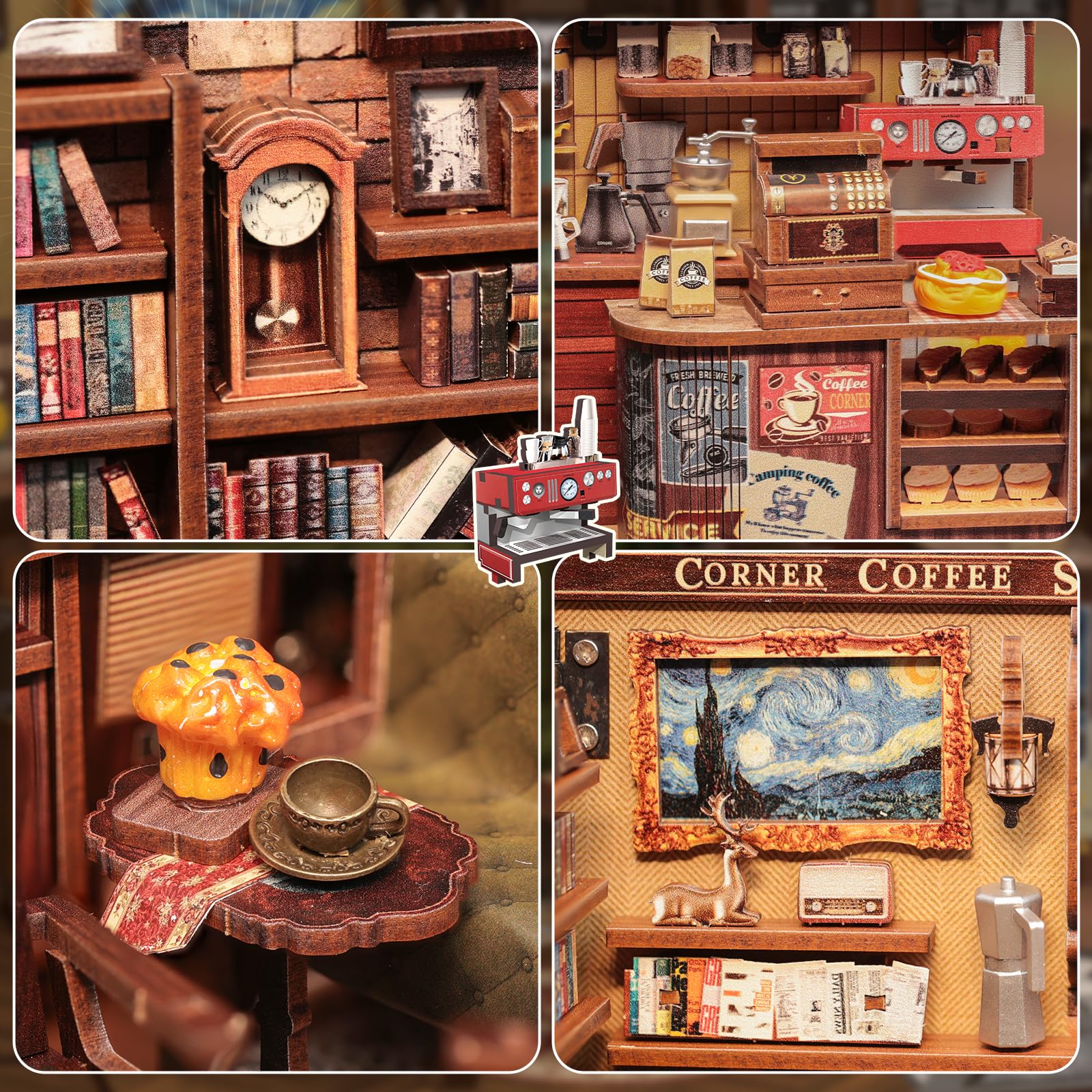 Fsolis DIY Book Nook Bausatz & Puppenhaus Miniatur Kreativgeschenk für Erwachsene & Jugendliche, Magische 3D Holz Deko mit beleuchtetem Puppenhaus für Bücherregale(Corner Coffee Shop) 7