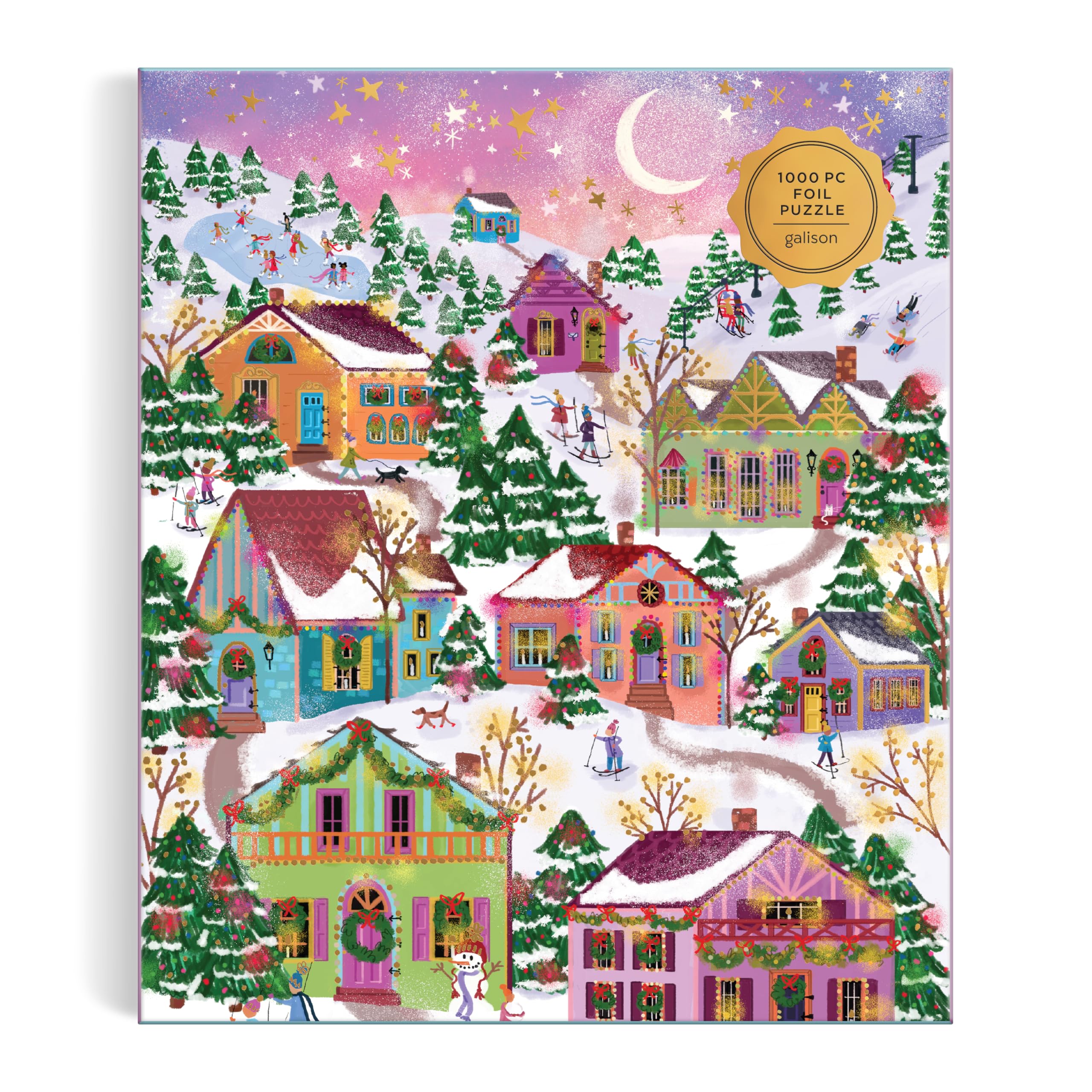 Galison Snowcap Village – 1000 Piece Foil Joy Laforme Jigsaw Puzzle Featuring Beautiful Artwork of Snowcapped Village During Christmas