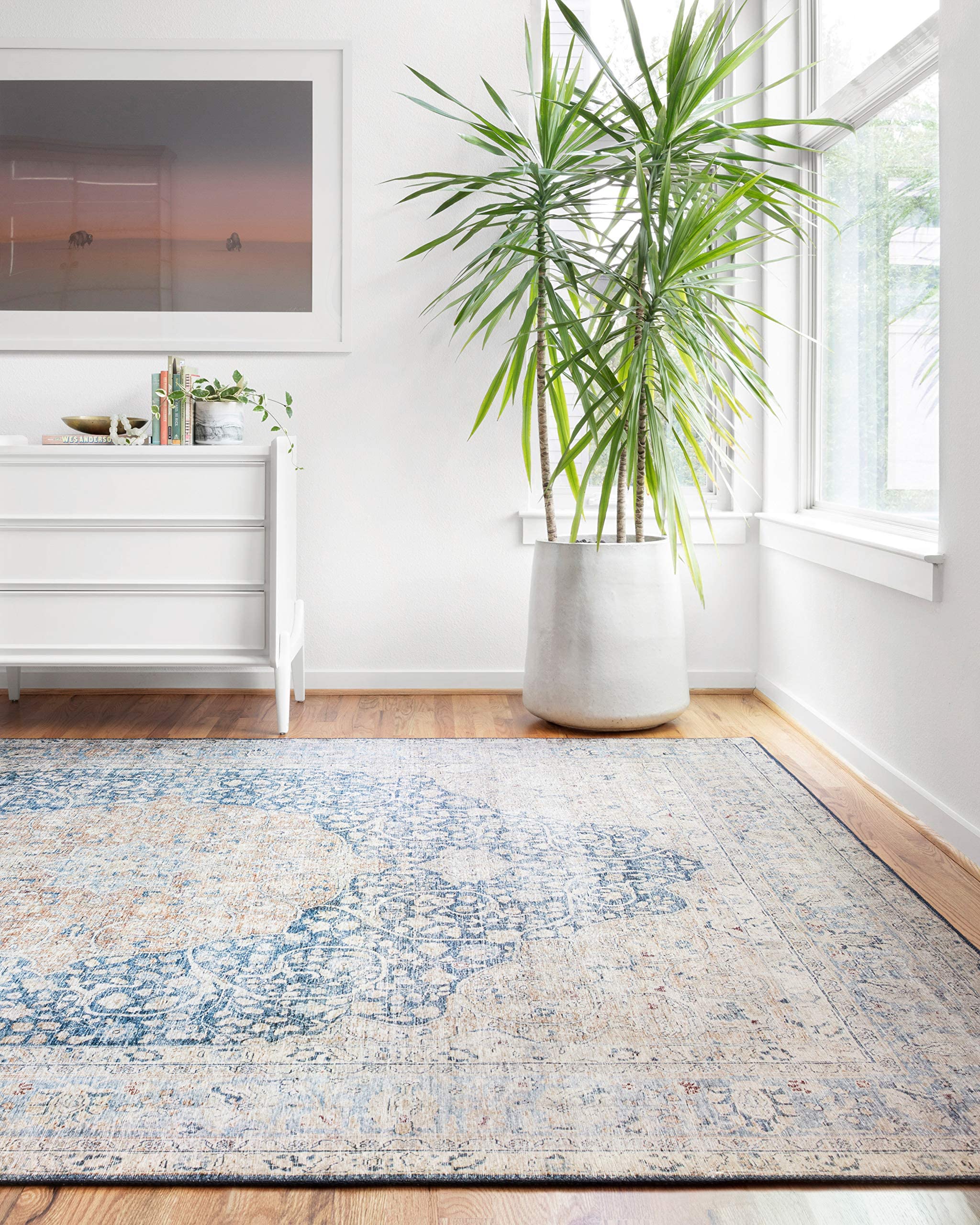 Photo 1 of ** HAS SMALL MATERIAL TEAR/ DIRTY FROM TRANSPORT** Layla Collection LAY-07 Blue/Tangerine 5'-0" x 7'-6" .13" Thick Area Rug, Soft, Durable, Vintage Inspired, Distressed, Low Pile, Non-Shedding, Easy Clean, Printed, Living Room Rug