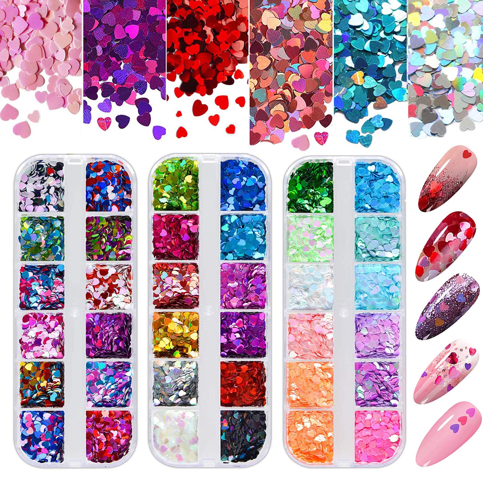 Kalolary 36 Grid Holographic Heart Nail Art Sequins, 3D Heart Glitters Nail Sequins Colorful Confetti Glitter Nail Flakes Acrylic Paillettes for Valentine's Day Nail Art Decoration (Colorful)