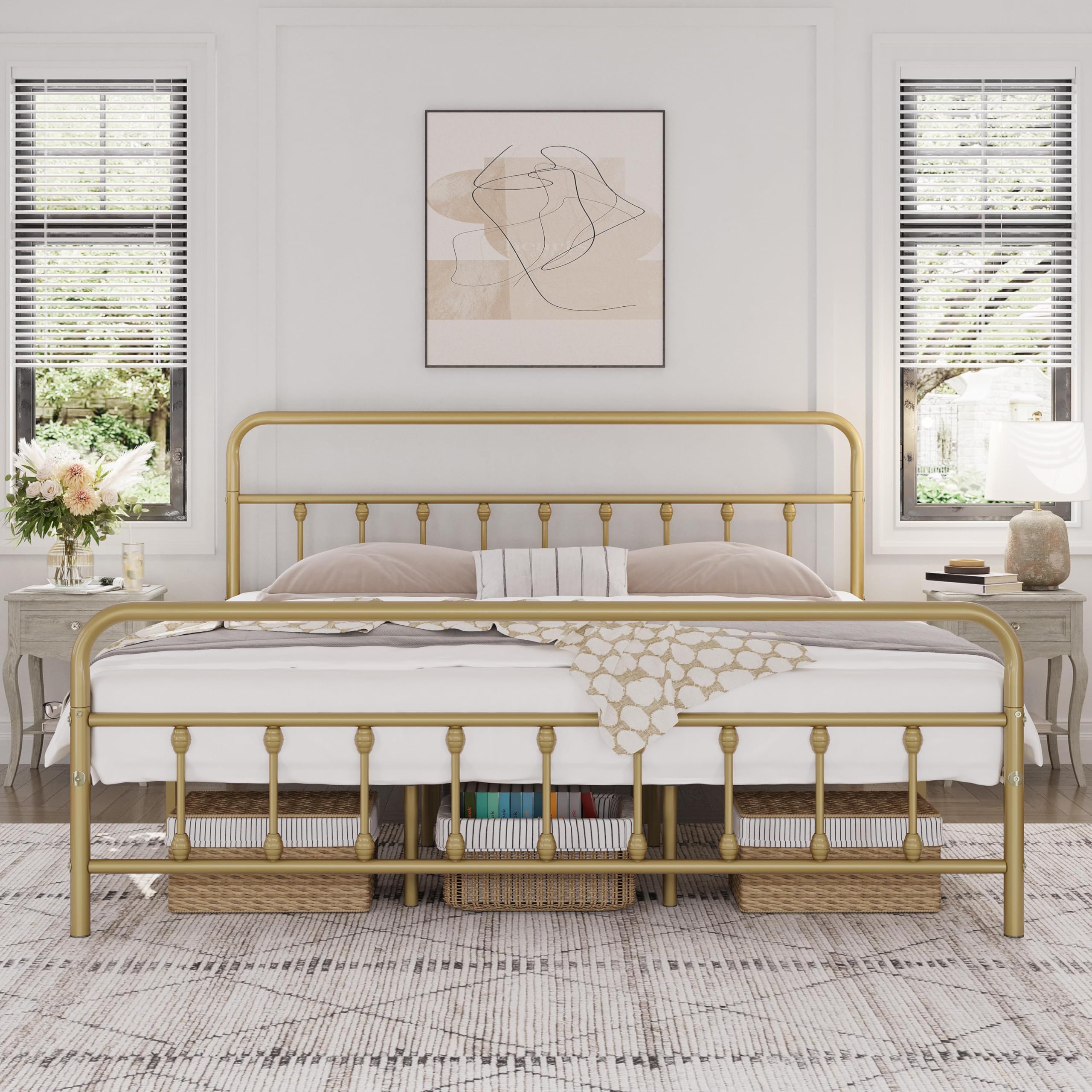 Yaheetech Classic Metal Platform Bed Frame Mattress Foundation with Victorian Style Iron-Art Headboard/Footboard/Under Bed Storage/No Box Spring Needed/King Size Antique Gold Image
