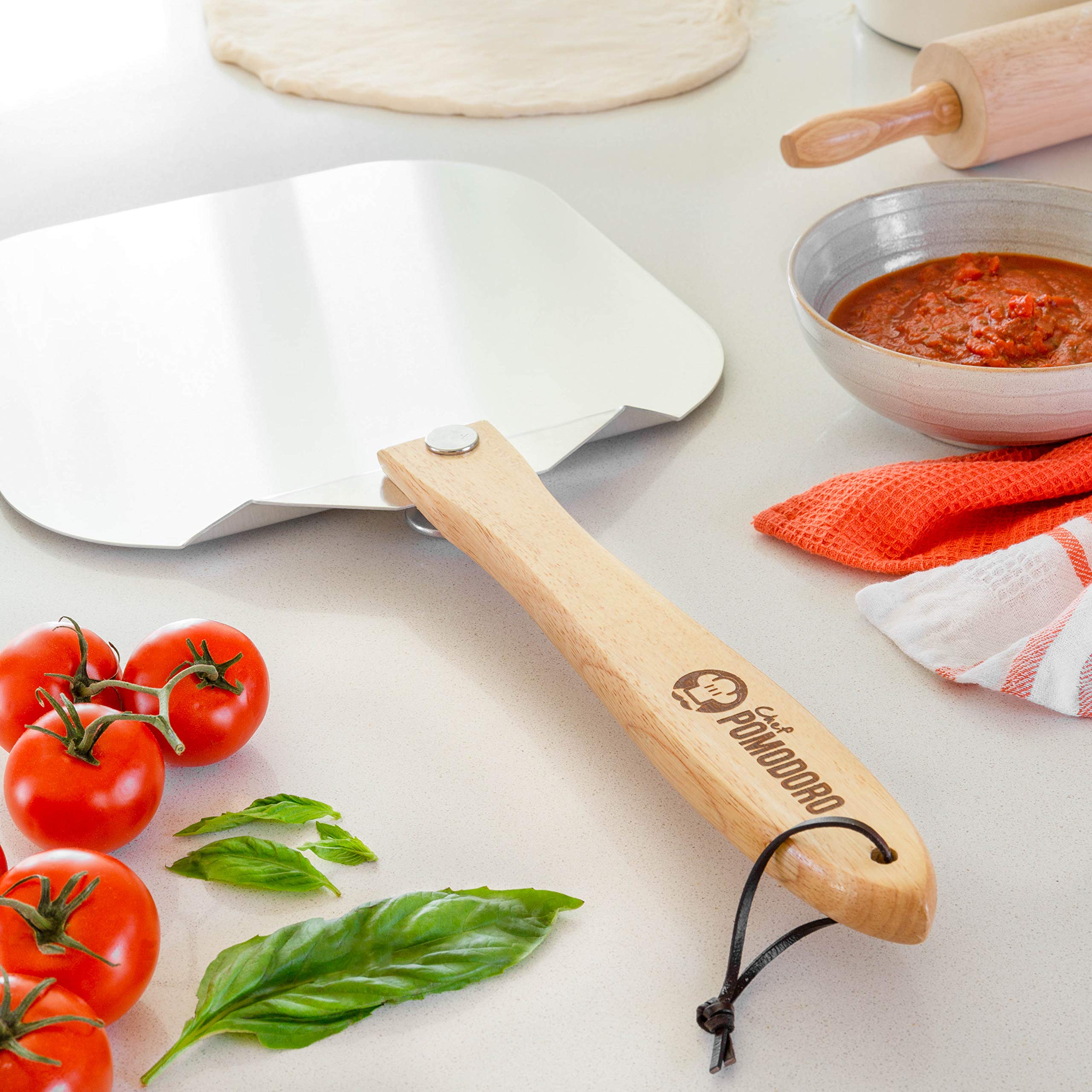 Chef Pomodoro Aluminum Metal Pizza Peel with Foldable Wood Handle for