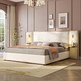 Merax Queen Bed Frame with Wingback Headboard, Luxury Velvet Upholstered Platform Bed Frame King Size with 2 Built-in Led Lights and 2 Floating Storage Shelves for Bedroom, No Box Spring Needed, Beige