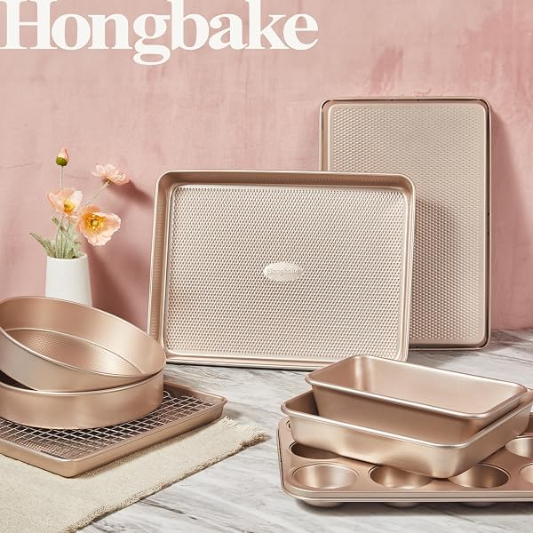 HONGBAKE 9-PIECE BAKING PANS SET NONSTICK, STACKABLE NON TOXIC BAKEWARE SETS WITH DIAMOND TEXTURE, OVEN PAN SET FOR COOKING, INCLUDES COOKIE SHEET WITH RACK, CAKE PAN, ROASTING PAN, MUFFIN TIN, GOLD