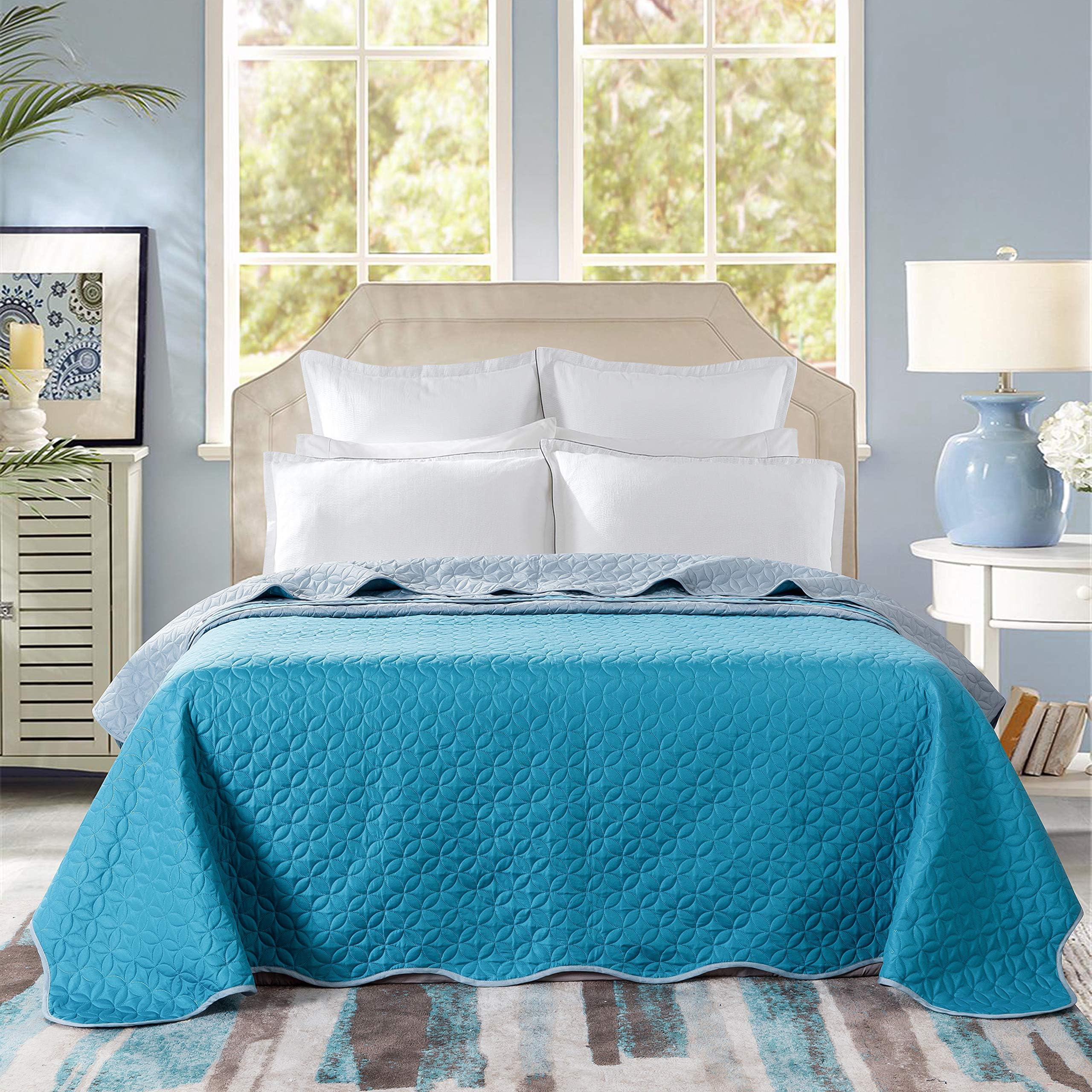 AYSW Reversible Ultrasonic Coverlet Bedspread Lightweight Soft Quilt Microfibre Throw Bedspread Bedding (240x260CM, Lake Blue& Grey)