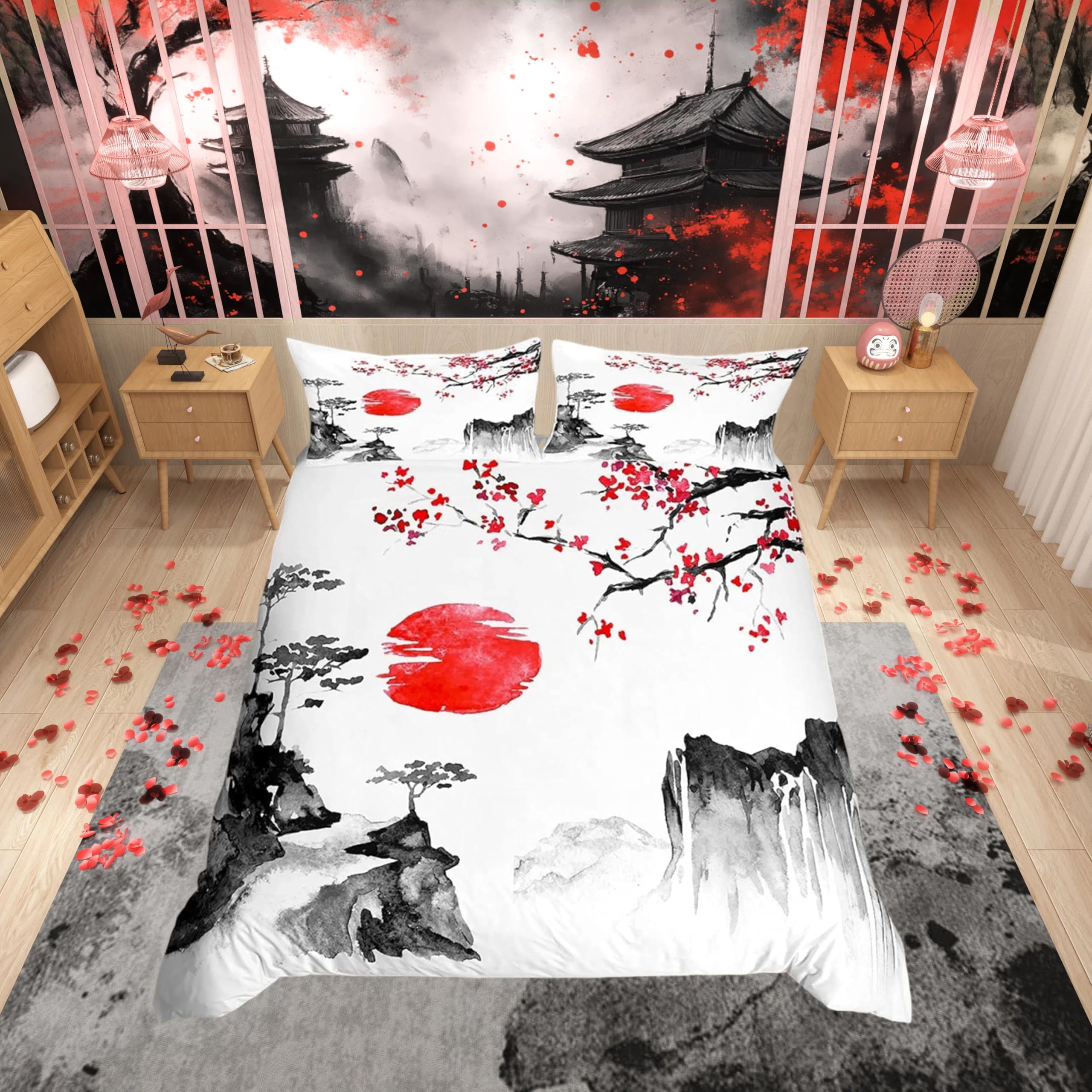 Loussiesd Japanese Ukiyoe Bedding Set Cherry Blossoms Red Sun Duvet Cover for Kids Boys Girls Ink Japanese Style Comforter Cover Exotic Style Bedding & Linen 2Pcs Bedding Single