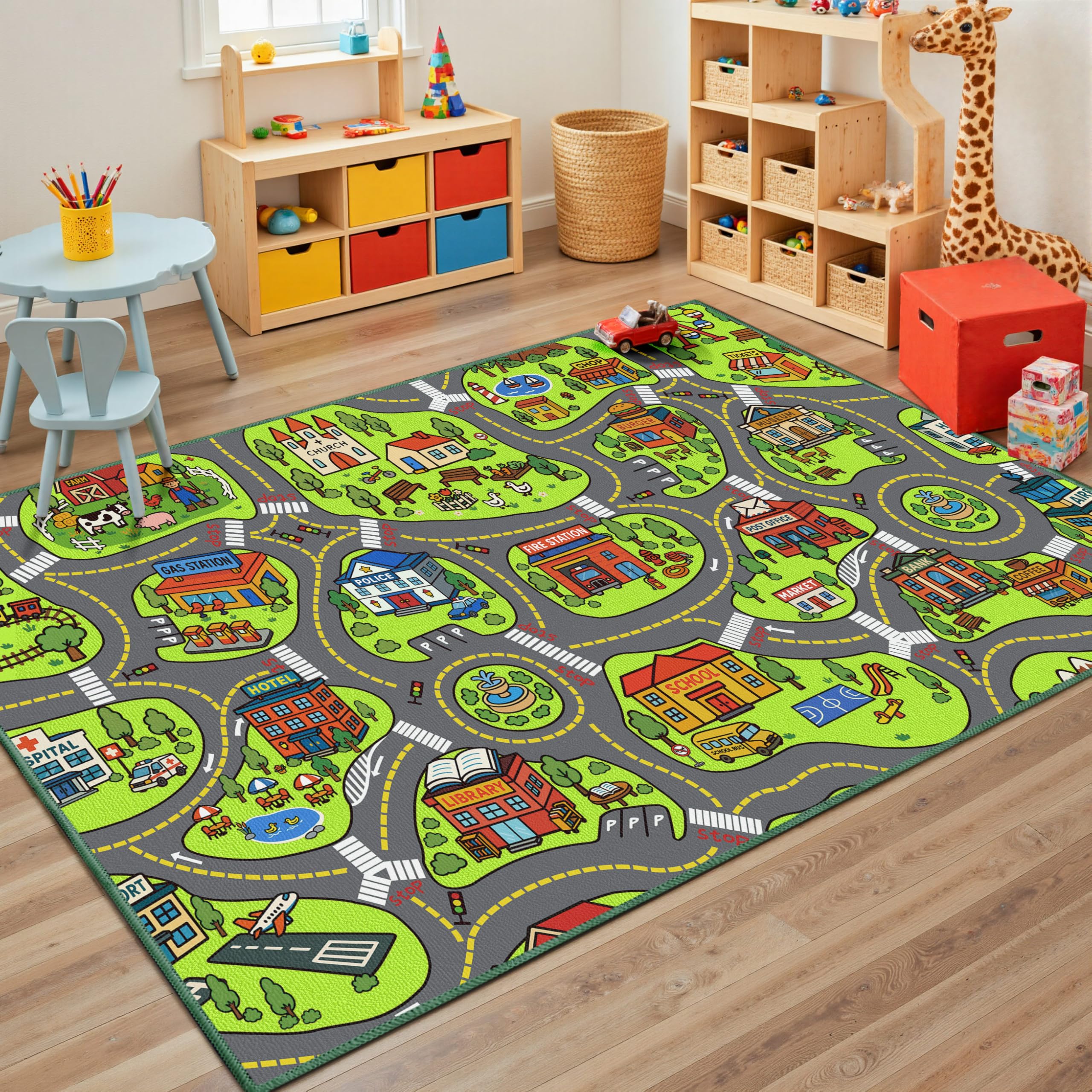 Photo 1 of Upgrade Ultra Non Slip Kids Car Rug, Kids Road Playmat Rug for Toy Cars, Educational Town City Map Carpet for Boys Playroom Bedroom, Safer Car Track Play Mat for Children Baby Toddler, 60"x36"