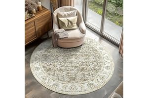 jinchan Round Rug 4ft Area Rugs Vintage Floral Distressed Design - Machine Washable Non-Slip Low-Pile Ultra-Thin Circle Rug for Entryway Bedside Living Room Dining Room Bedroom (4' Round,Taupe)