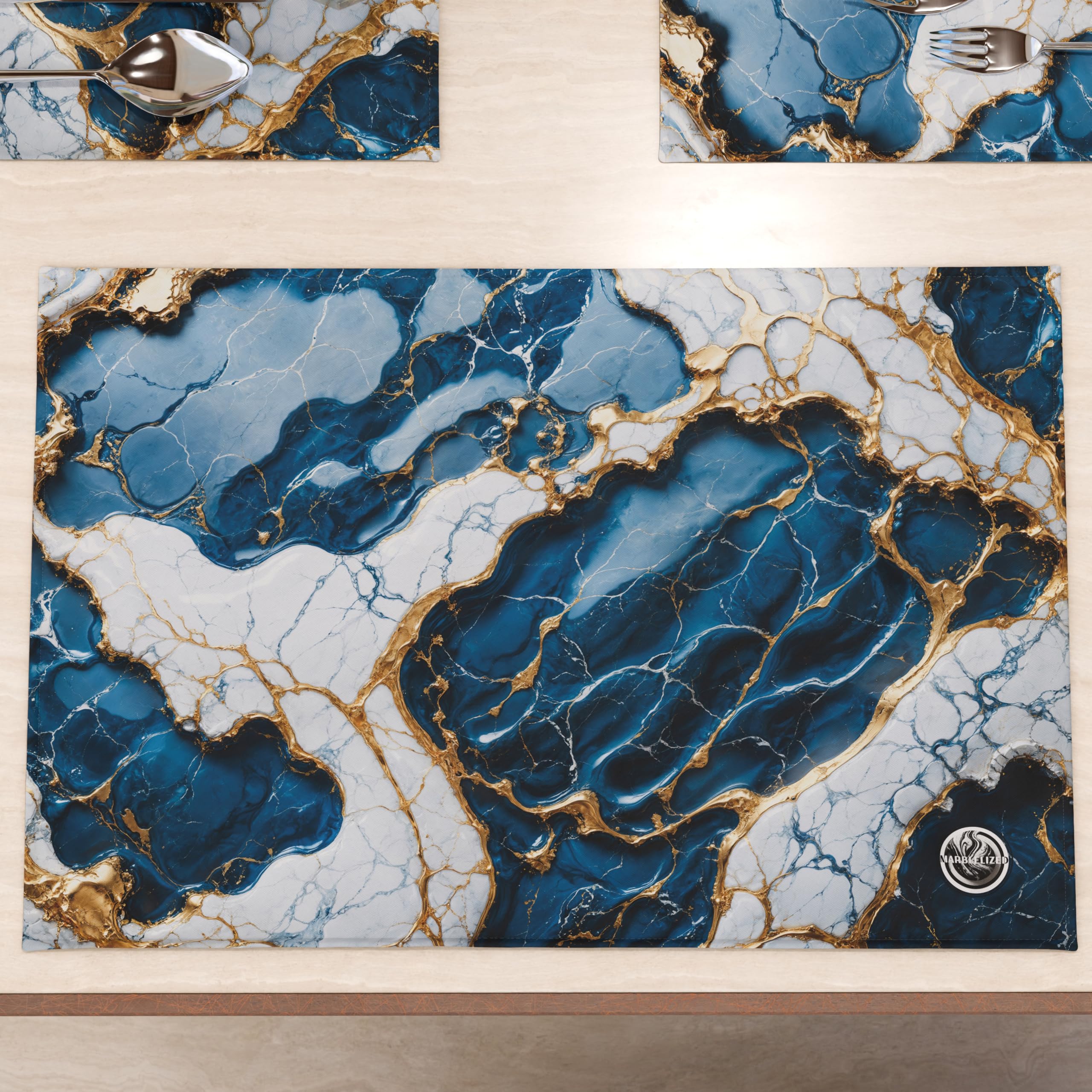 MARBLELIZED - Washable American Placemats, Blue Marble Effect Fabric Placemats, Set of 2 (30 x 45 cm) - Elegant, Ideal for Breakfast, Lunch and Dinner, Gift Idea, 100% Made in Italy