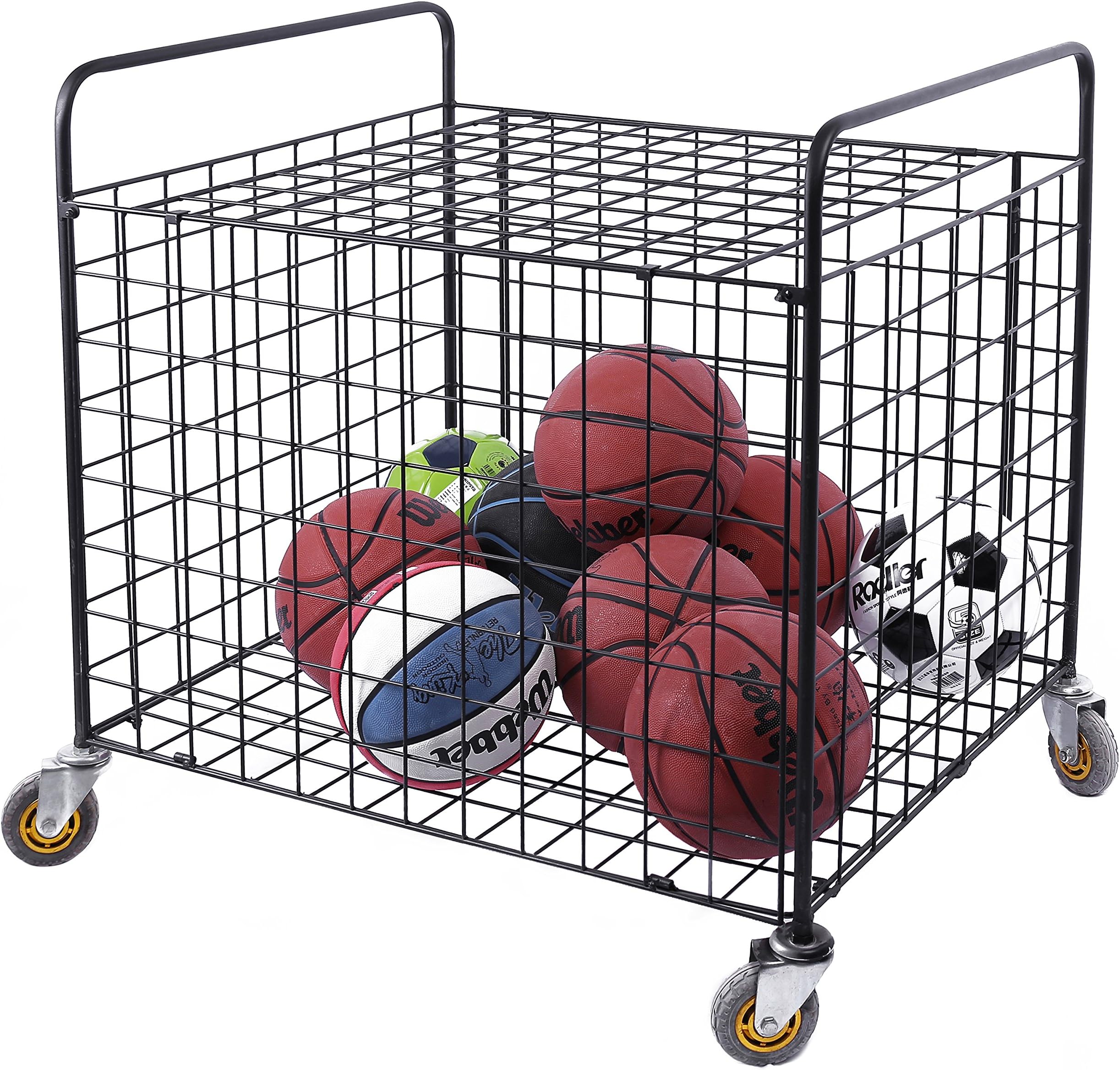 MyGift Metal Rolling Multi Sports Ball Storage Hopper & Basketball, Football, Soccer Equipment Cart