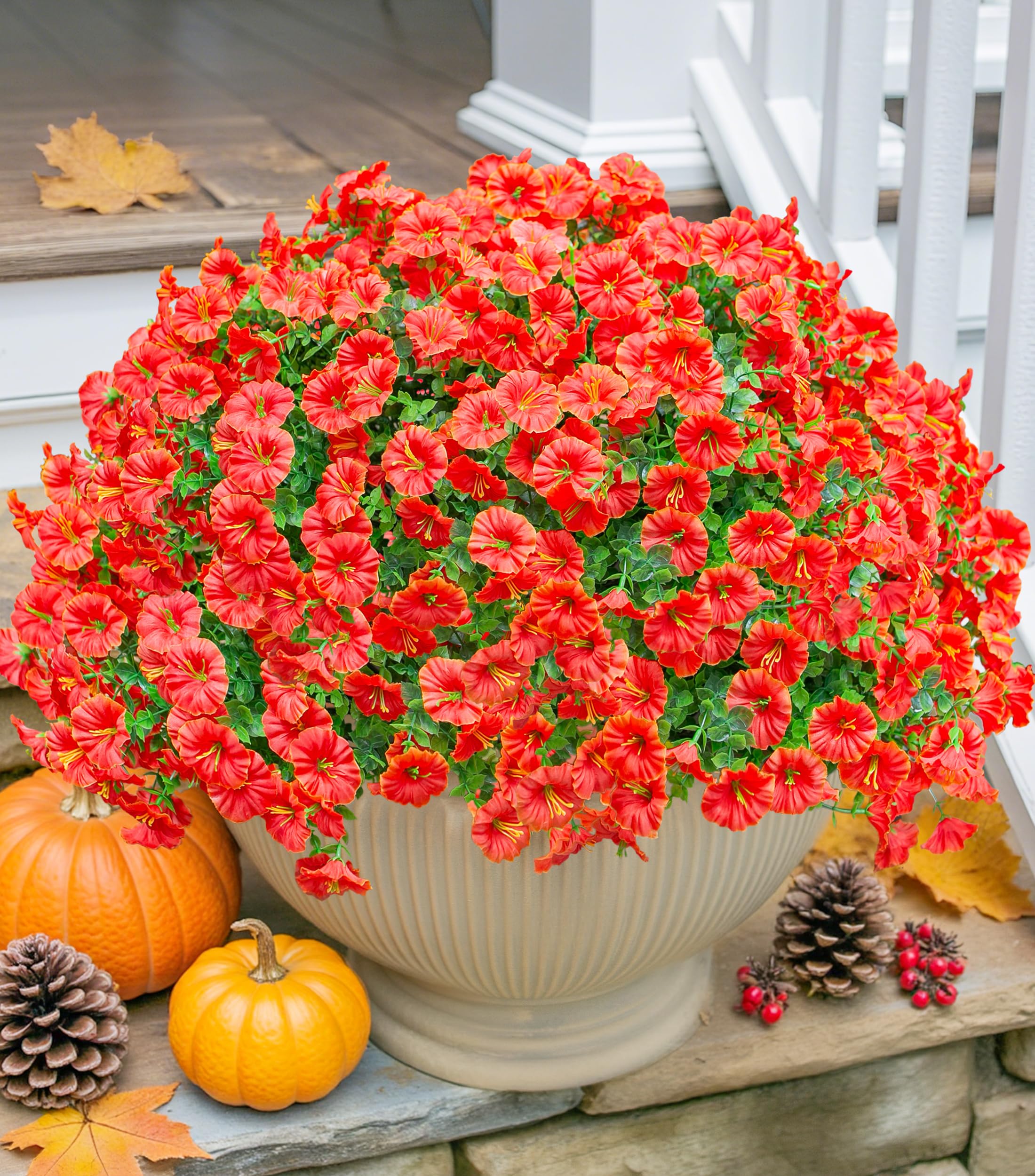 Photo 1 of (BAGGED) (PARTIAL SET) Artificial Fall Flowers Fake Plants for Outdoors Autumn Decoration, 12 Bundles Orange Silk Morning Glory with Eucalyptus Look Real UV Resistant Faux Flowers for Outside Planters Front Door Yard Indoor