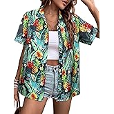 Hawaiian Shirts for Women Fun Dinosaur V Neck Button Up Print T-Shirt Short Sleeve Summer Casual Beach Blouse Top