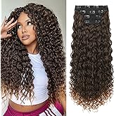 LONAI 4PC Clip in Hair Extensions, 100％ Pure Protein Silk Curly Hair Extension for Women, 26 Inch Long Soft Natural Hair Extensions-Dark Almond brown with copper