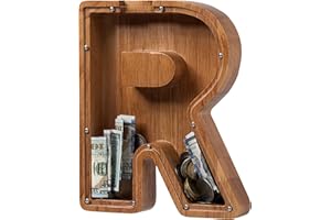ladenk Large Wooden Kids Letter Piggy Bank - Piggy Bank for Boys Girls - Alphabet Money Bank with Initial R - Coin Bank for Birthday
