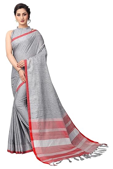 linen with blouse piece Saree (LinenBorderVariation_ Grey_ free)