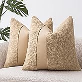 SINYASAN 24"x24" Khaki Boucle Pillow Covers with Faux Leather Accents Set of 2 Fluffy Textured Decorative Throw Pillow Cases for Couch Bed Boho Farmhouse Square Cushion Covers for Home Décor