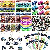 122PCS Monster Truck Party Favors Set, Jam Birthday Decorations Including Theme Slap Bracelets, Keychains, Gift Bags, DIY Stickers, Drinking Straws, People Monster Truck Birthday Supplies