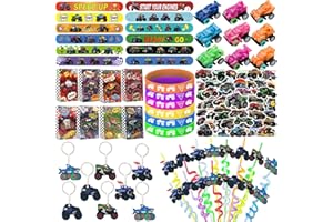 CZWXOXO 122PCS Monster Truck Party Favors Set, Jam Birthday Decorations Including Theme Slap Bracelets, Keychains, Gift Bags, DIY Stickers, Drinking Straws, People Monster Truck Birthday Supplies