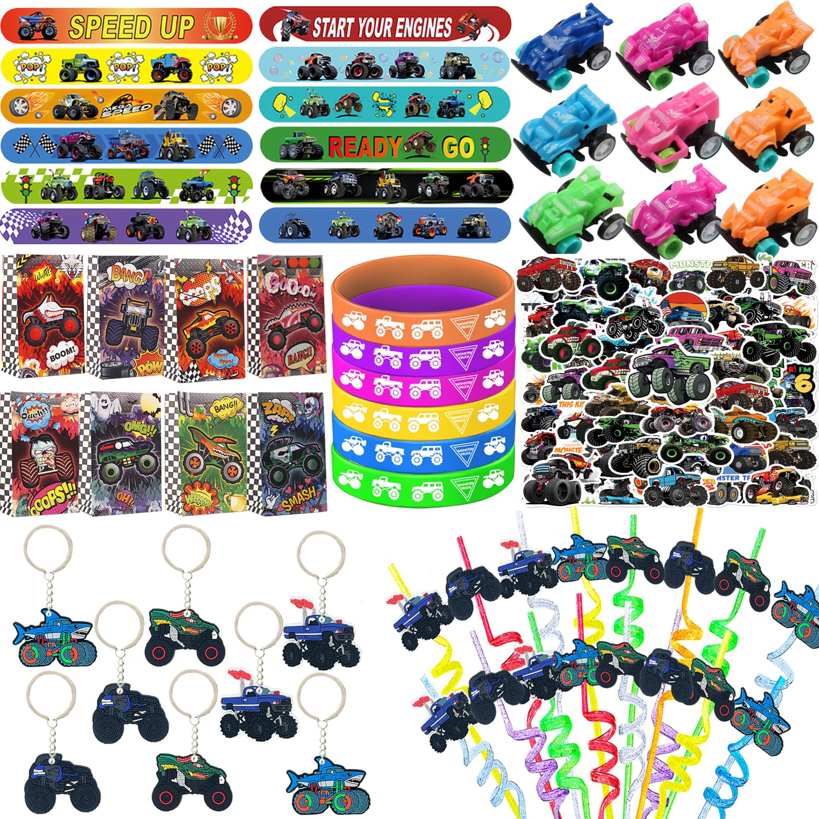 Photo 1 of 122PCS Monster Truck Party Favors Set, Jam Birthday Decorations Including Theme Slap Bracelets, Keychains, Gift Bags, DIY Stickers, Drinking Straws, People Monster Truck Birthday Supplies