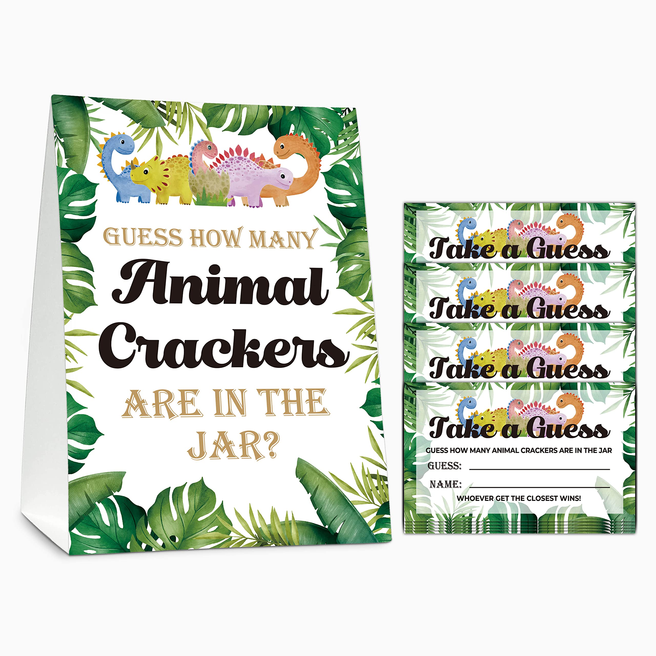Photo 1 of Baby Shower Game Set, Dinosaur Theme Guess How Many Animal Crackers for Baby Shower, Safari Jungle Theme Baby Shower Party Favor Decor(1 Standing Sign + 50 Guessing Cards) - A02