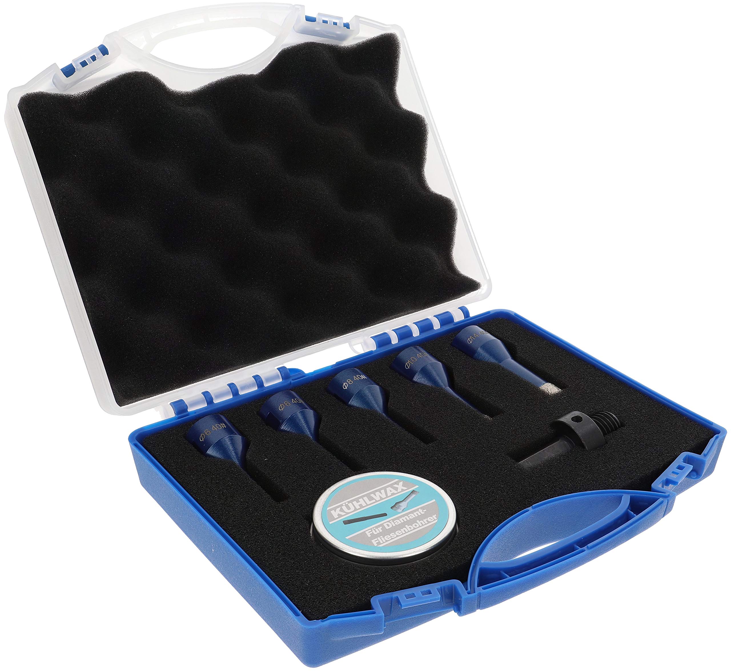 PRODIAMANT Professional Diamond Drill Bit Set 7-Piece (2 x 6 mm, 8 mm, 10 mm, 14 mm x M14, Hexagonal Adaptor, Cooling Wax) in Case Diamond Tile Drill