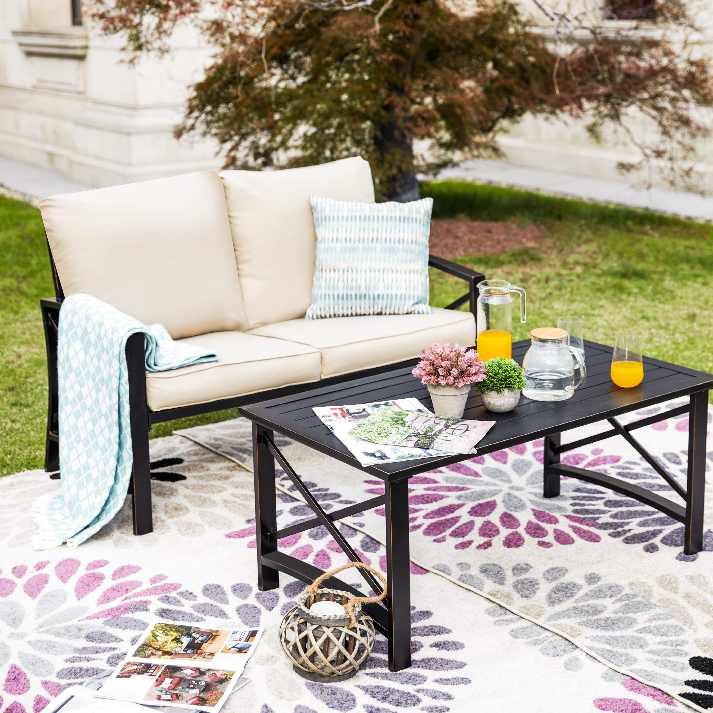 LOKATSE HOME 2 Pieces Patio Loveseat Metal Frame with Coffee Table Outdoor Bistro Furniture Set for Lawn Porch Garden Yard Poolside, Khaki