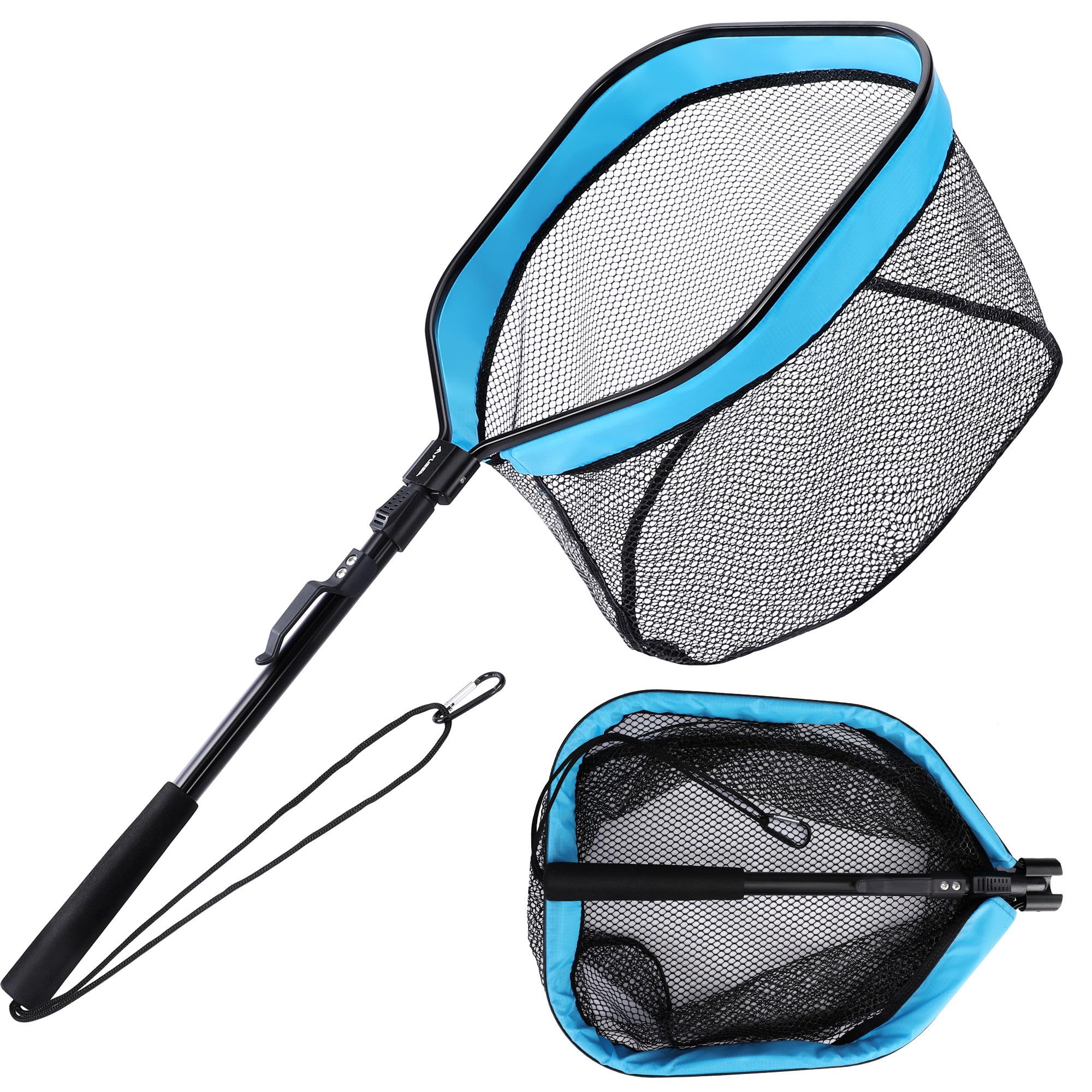 FLISSA Fishing Net with Black Hand Rope and Carabiner(Fixed Pole), Landing Nets for Fishing with EVA Foam, Aluminum Alloy Pole Handle Fishing Landing Net,Lightweight Portable for Lake,Sea, River