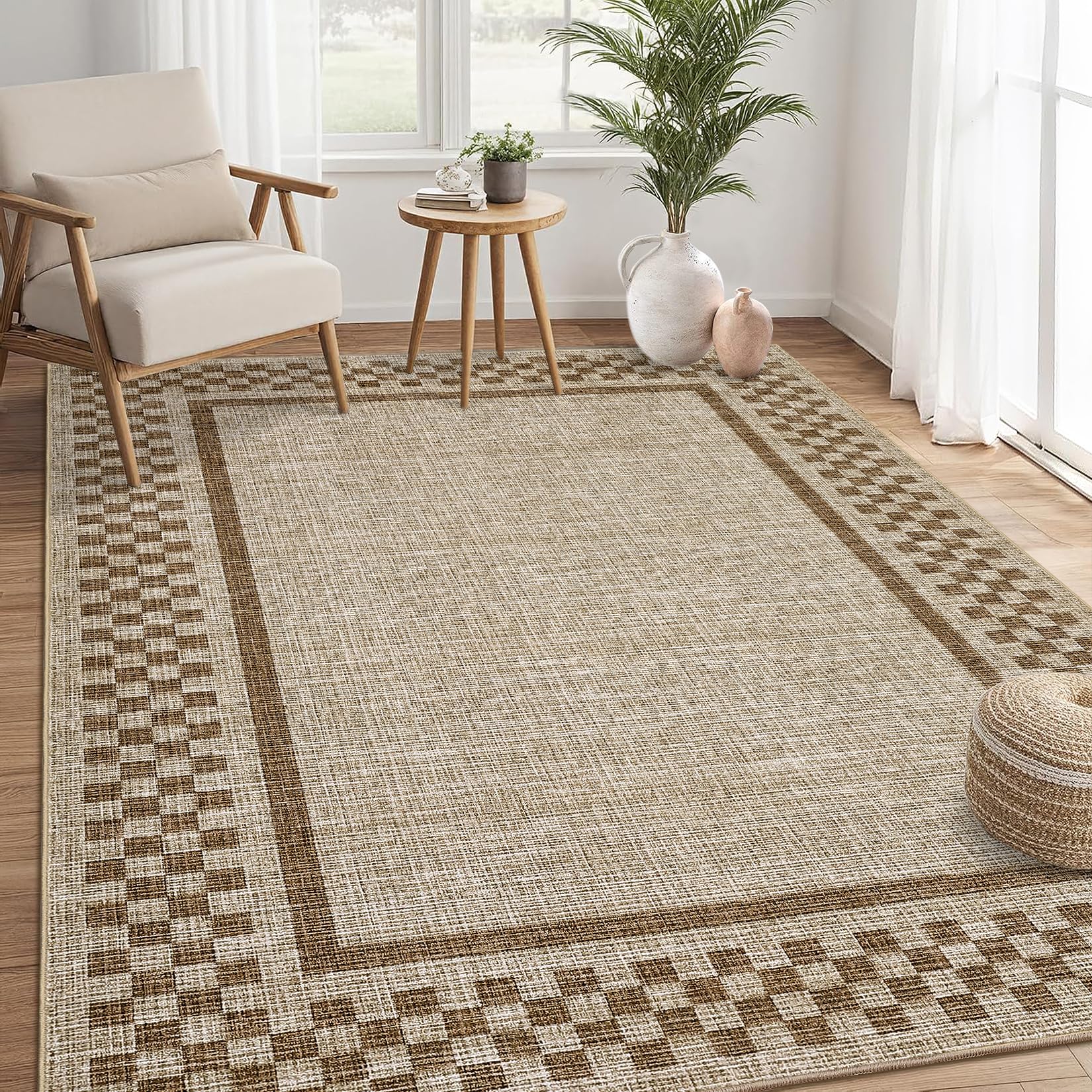 Photo 1 of GarveeHome 5x7 Washable Area Rug for Bedroom Living Room Non Slip Modern Bordered Throw Rugs Low Pile Soft Checkered Dining Room Area Rugs Geometric Throw Carpet for Kitchen Nursery Office, Taupe