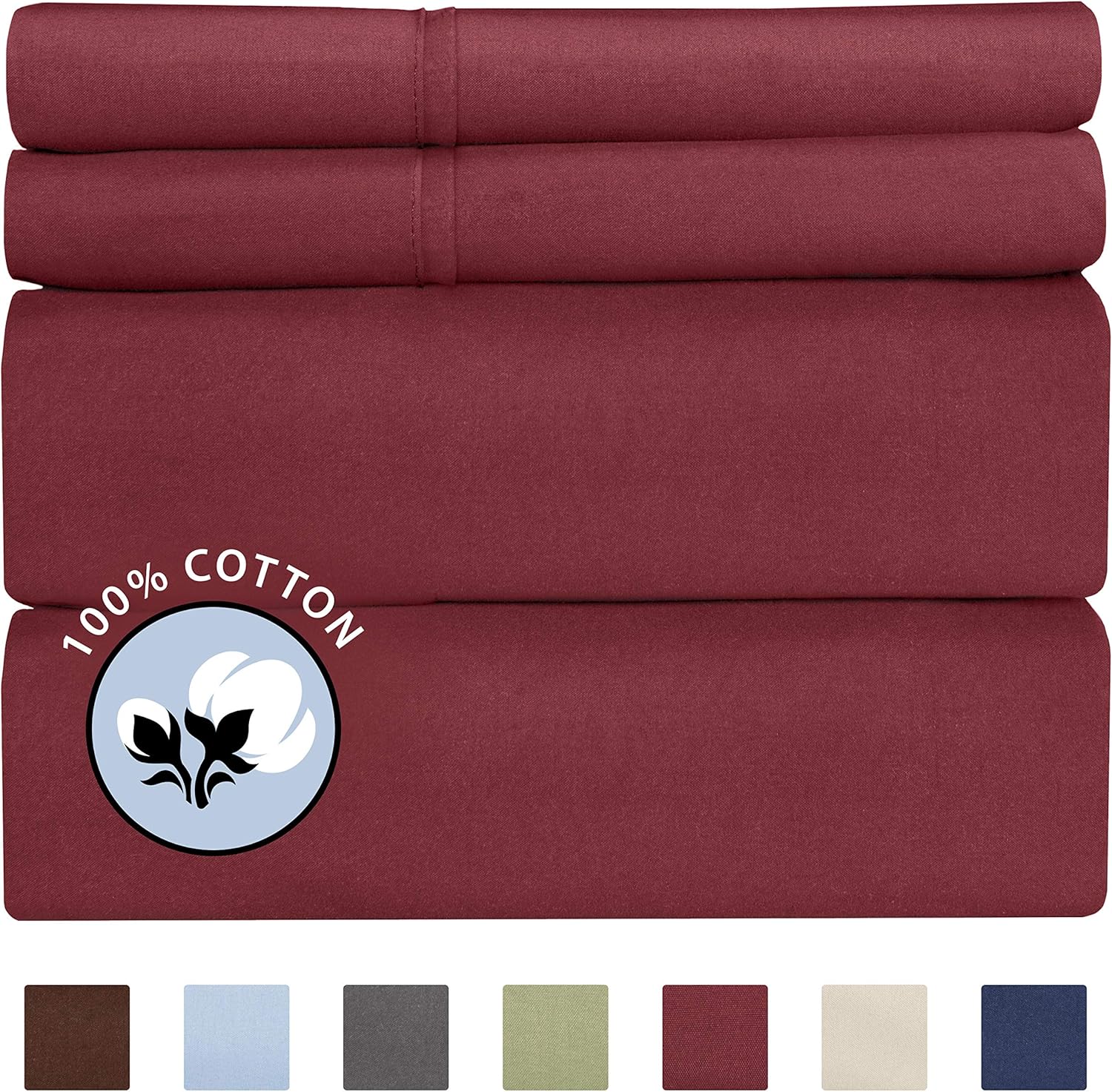 100 Cotton Queen Sheets Burgundy (4pc) Silky Smooth, Cooling 400 Thread Count Long