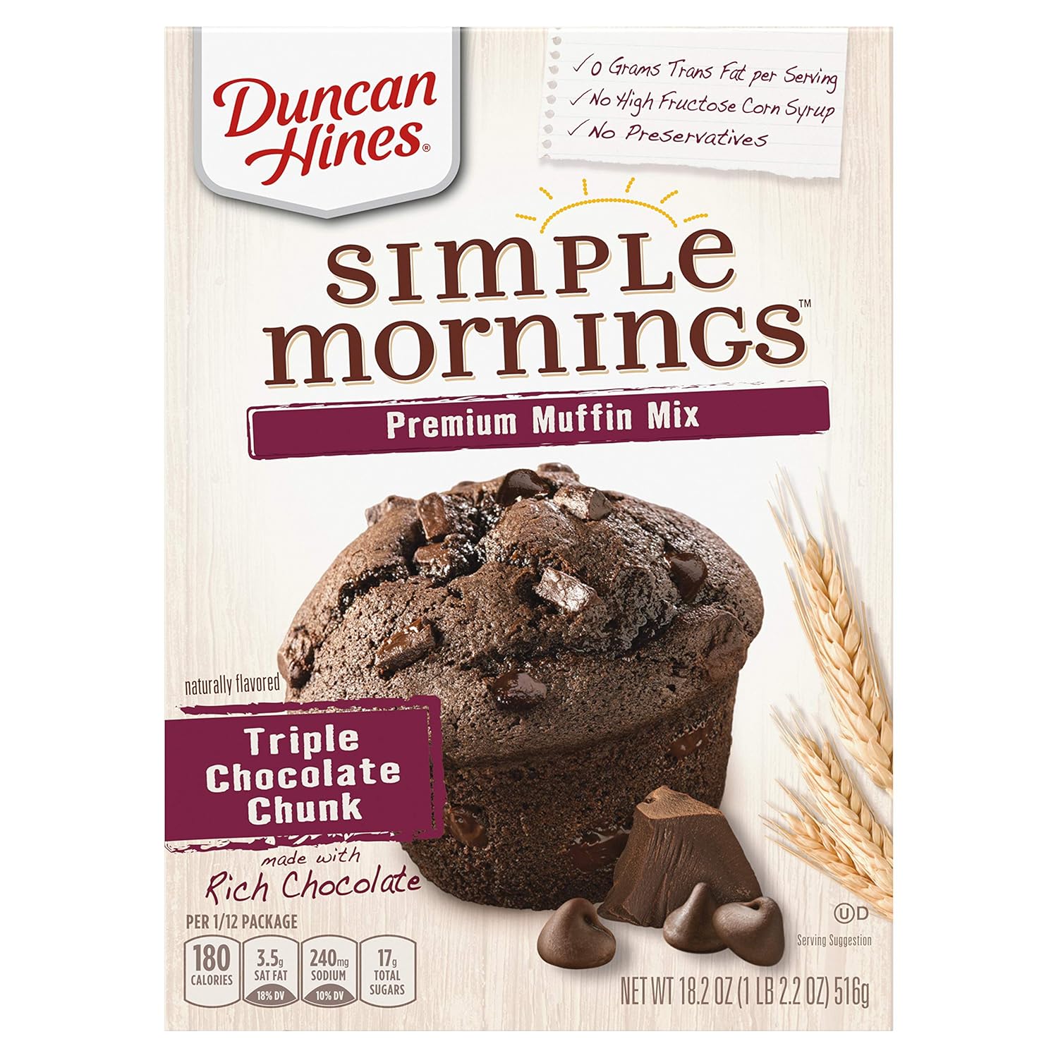 Duncan Hines Simple Mornings Triple Chocolate Chunk Premium Muffin Mix, 18.2 OZ