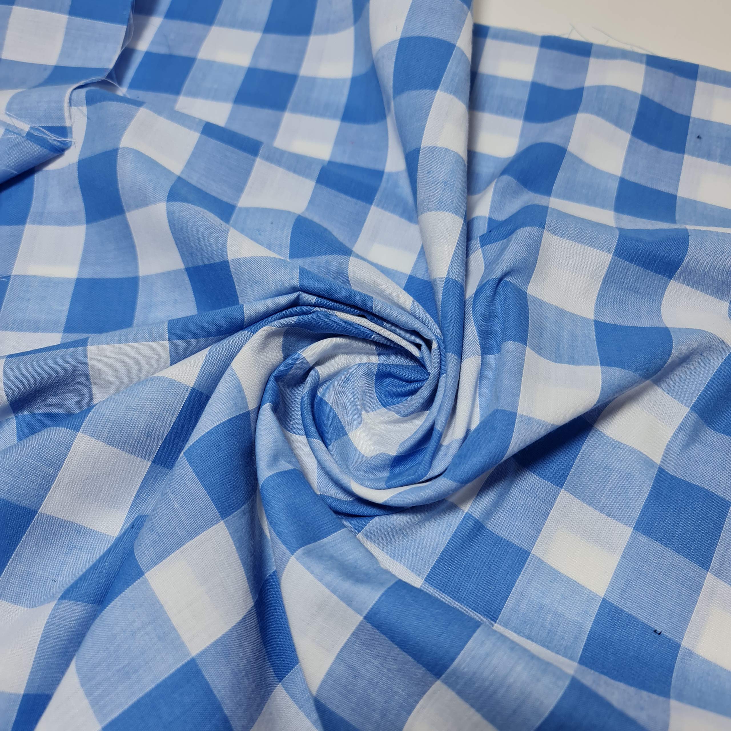 Polycotton Fabric 1" Gingham Check Material Dress Craft Uniform Checked 112cm (Pale Blue, 5 Meter)