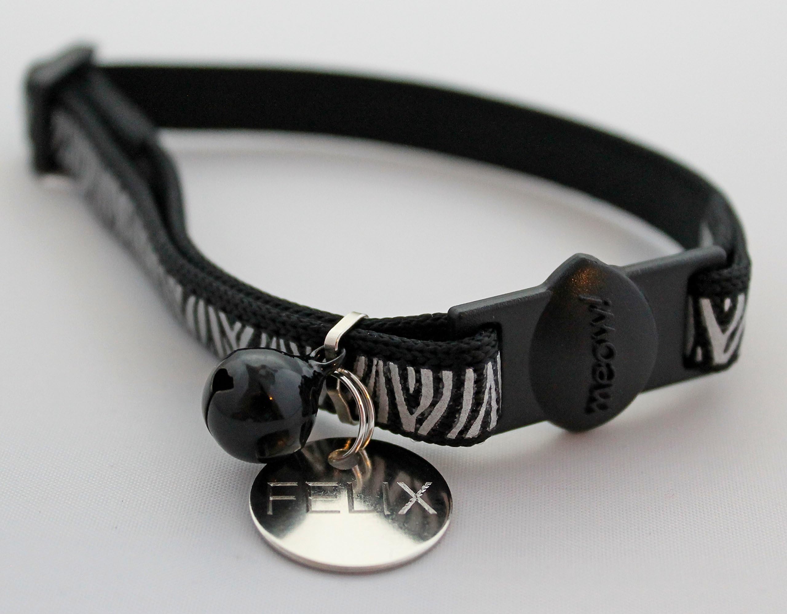 Whisker City DELUXE REFLECTIVE PATTERN CAT/KITTEN COLLAR WITH OPTIONAL ENGRAVED 20MM NICKKEL ID TAG (BLACK, WITH ENGRAVED 20MM ID TAG)