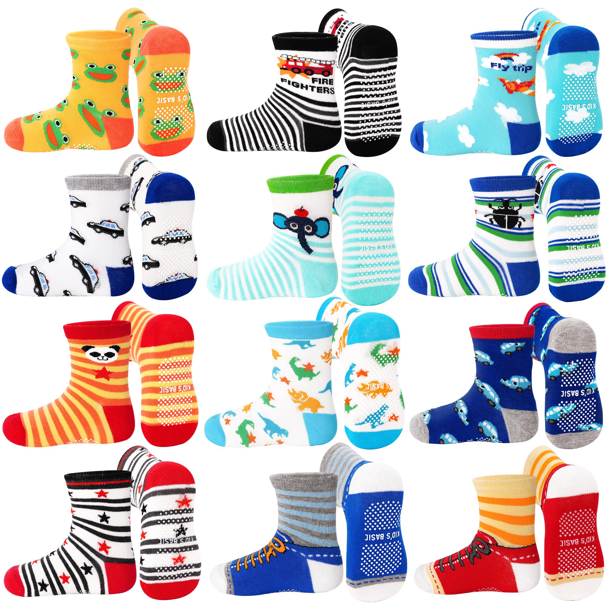ELUTONG Toddler Non Slip Socks，12 Pairs Toddler Cute Cartoon Soft Socks with Non-Slip Grip for Boys Girls 1-7 Years