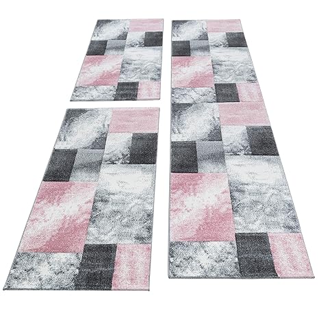 Simpex Tapis De Couloir Moderne à Carreaux 3 Pièces Noirgrisroseblanc Rose Bonbon 2x80x1501x80x300