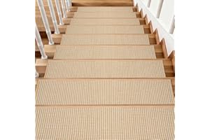 15PCS Natural Jute Stair Treads Non Slip Indoor, Corner-Reinforcement Self-Adhesive Stair Runners for Wooden Steps, Residue F