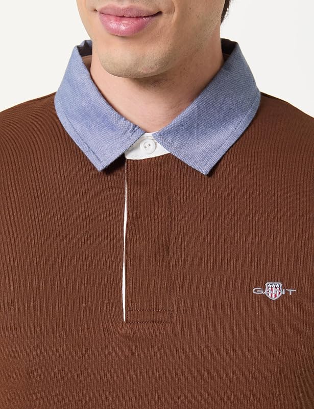 Reg Chambray Heavy Rugger Polo, Marron Acajou, M Hommes