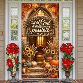 Fall Door Cover Decorations, 70.8 x 35.4 In With God All Things Are Possible Sunflowers Pumpkins Christian Harvest Front Door Banner, Thanksgiving Porch Sign Entry for Party Decor
