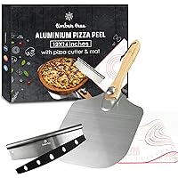 Timber Tree 12X14 Aluminum Paddle Metal Pizza Peel Shovel with Foldable Wood Handle, 14" Rocker Cutter Blade and Pizza mat. G