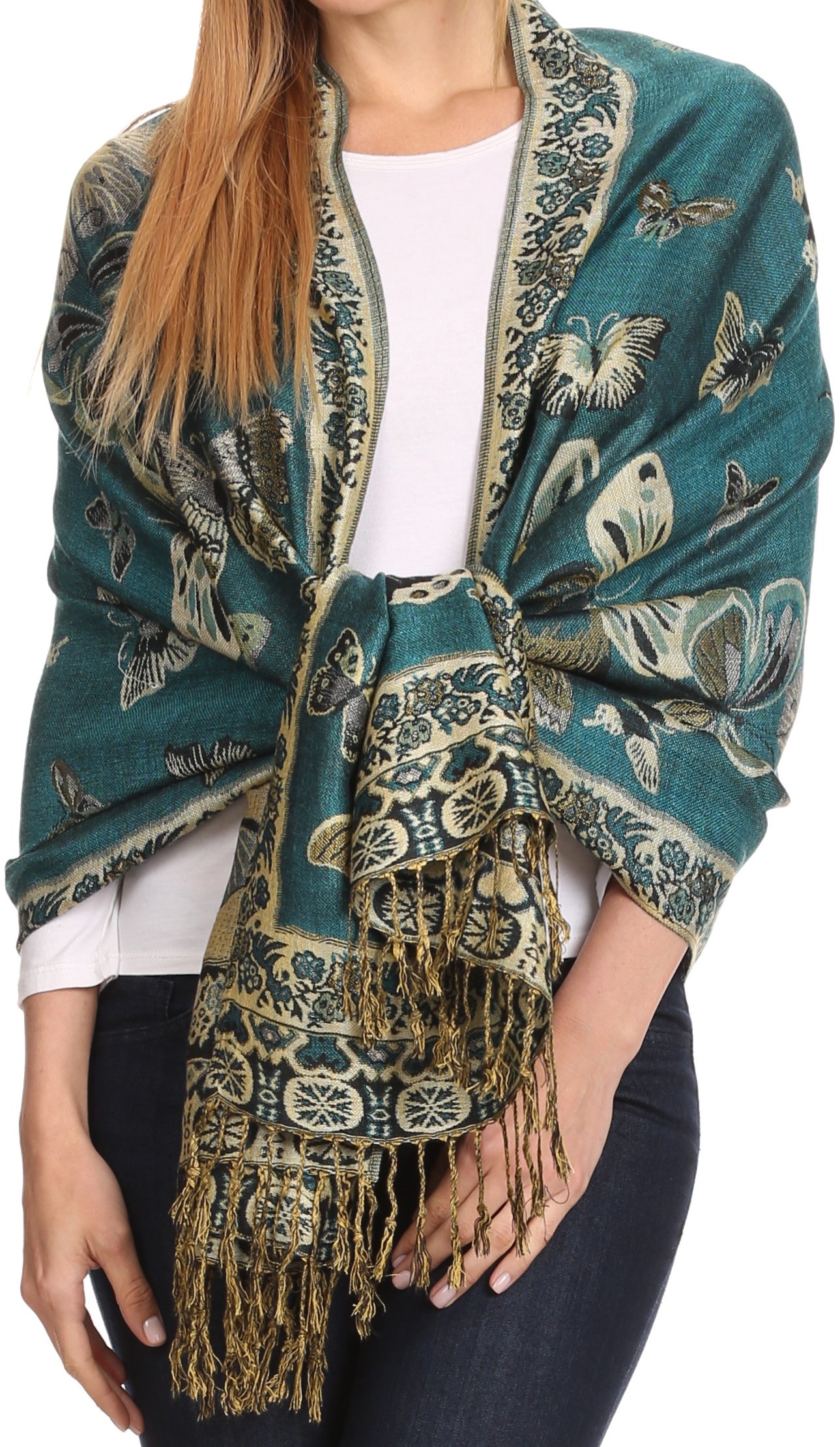 Sakkas Liua Long Wide Woven Patterned Design Multi Colored Pashmina