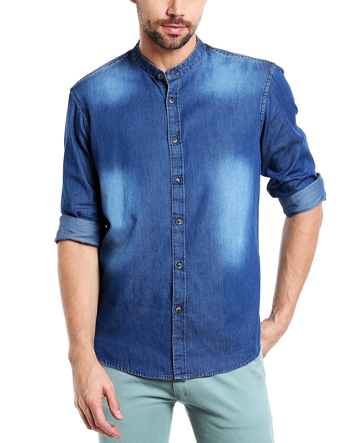 dennis lingo men's denim dark blue solid casual shirt