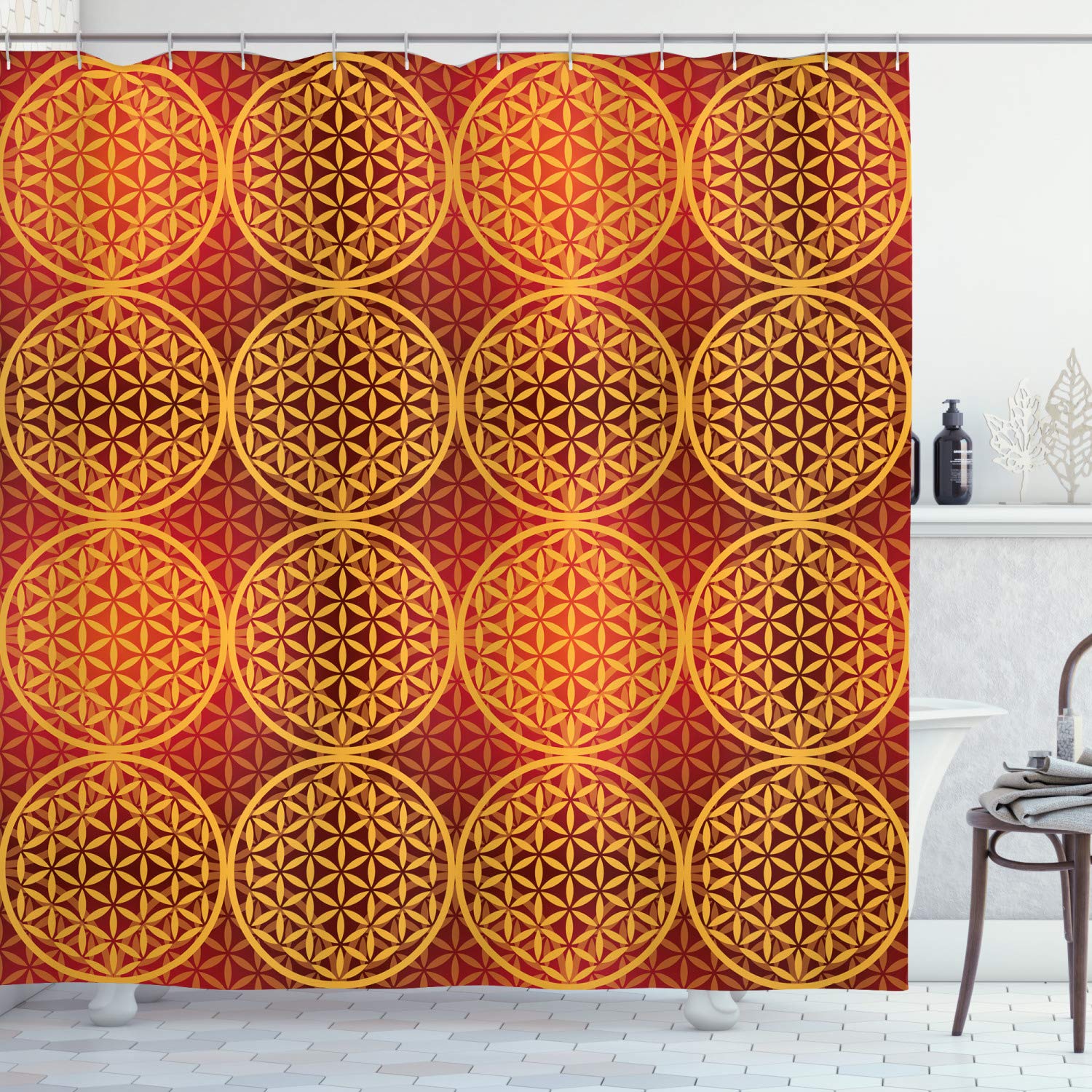 ABAKUHAUS Victorian Shower Curtain, Vintage Style Flower with Medieval Tones Rococo Baroque Esoteric Motif, Cloth Fabric Bathroom Decor Set with Hooks, 78 Inches, Mustard Orange